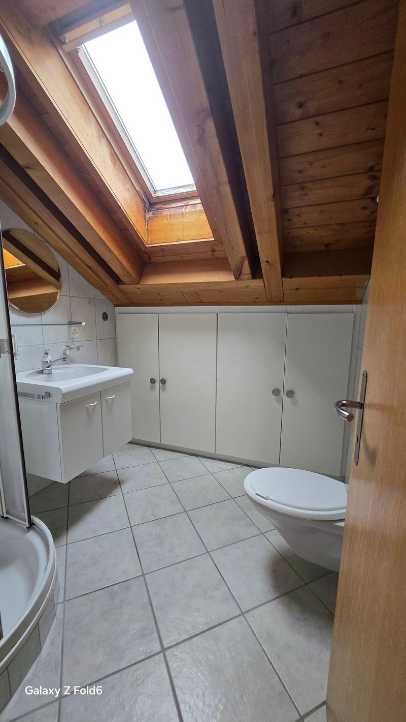 Bathroom with white tiles, wooden ceiling, skylight, white sink, white toilet, shower enclosure, white cabinets