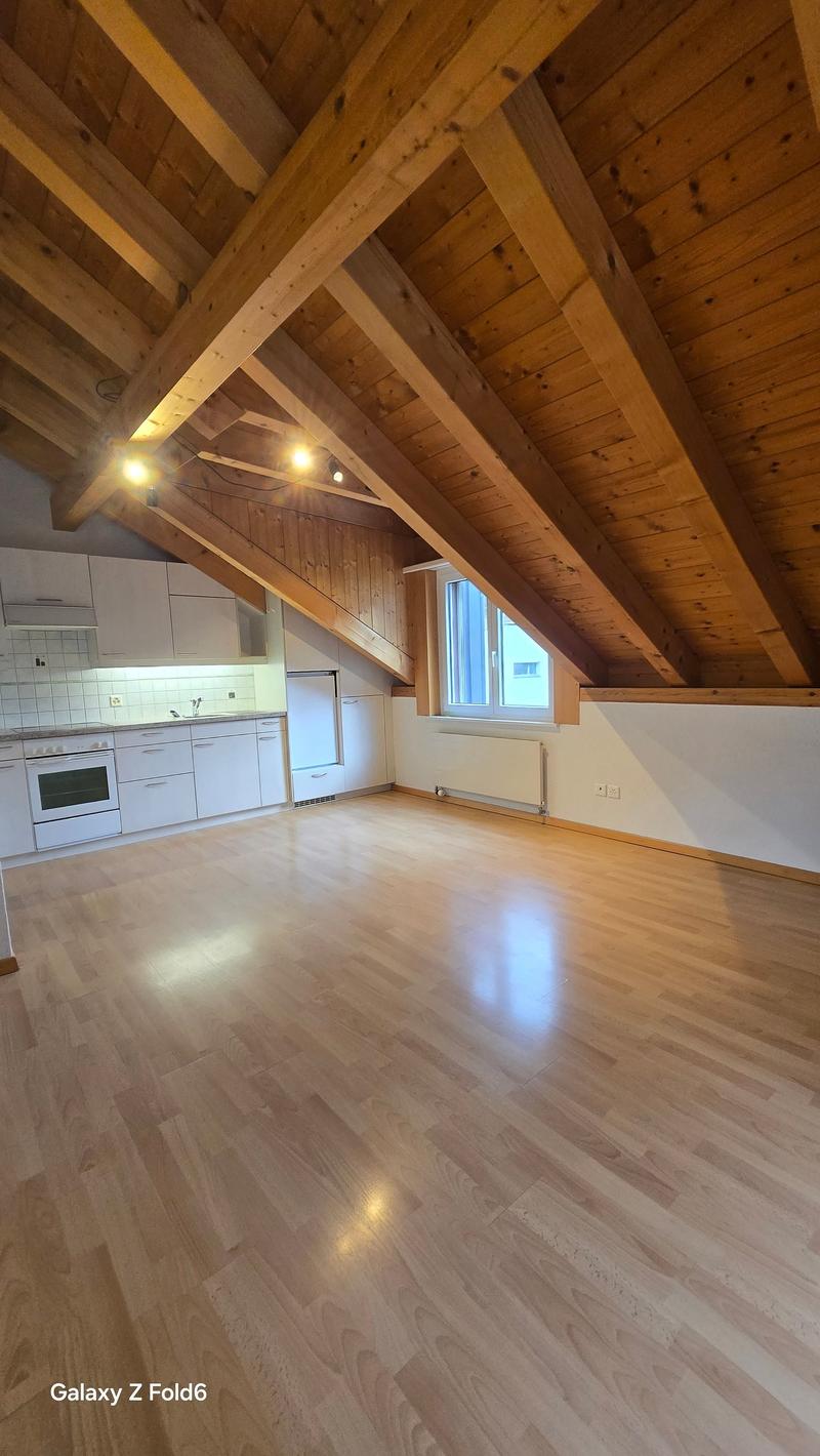 Open-plan studio apartment with wooden vaulted ceiling, wooden floors, white kitchen cabinets, and large windows providing natural light.