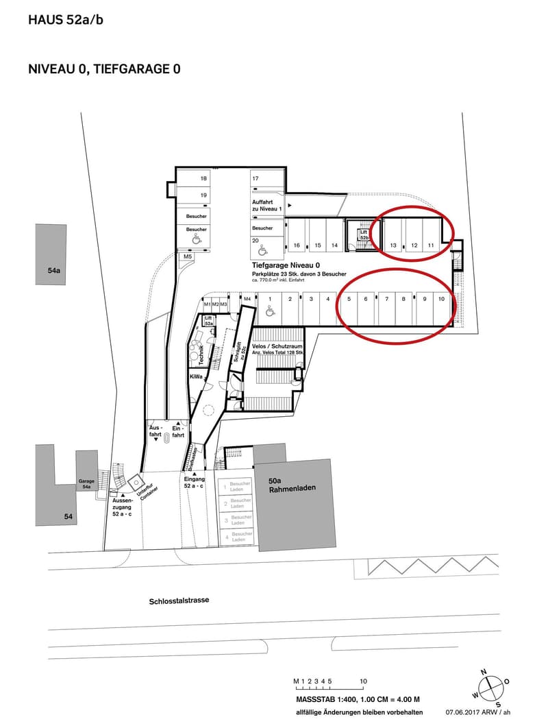 Parking area, visitor parking spaces, elevators, entrance areas, technical rooms, main entrance, side entrance, accessible parking, barrier-free access, wheelchair access, lift access, and ramp access