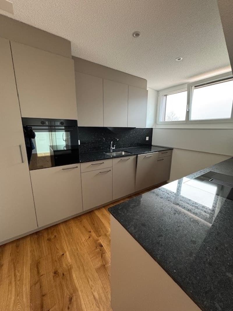 white kitchen cabinets, black countertops, under cabinet lighting, built-in oven, granite flooring, sink and faucet, dishwasher, window