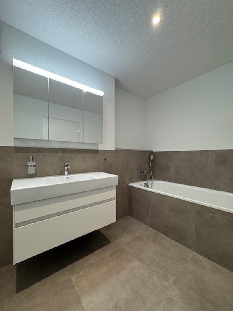 modern bathroom with bathtub, sink, mirror, and flooring