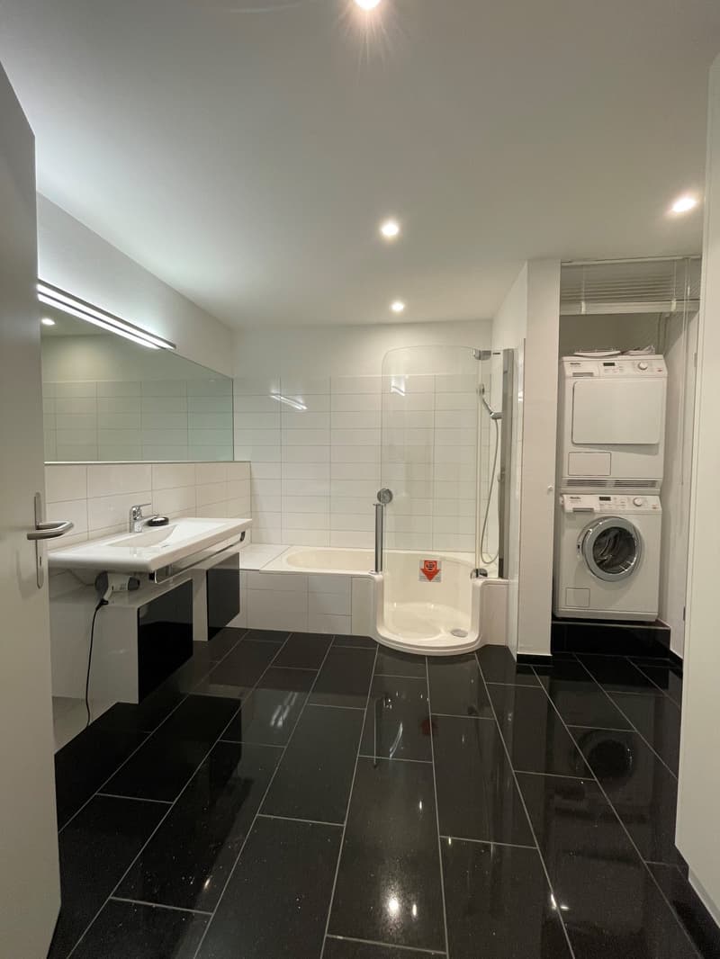 Spacious bathroom with black tiles, bathtub, sink, mirror, and built-in washing machine and dryer