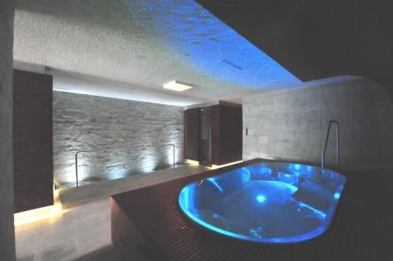 Large indoor swimming pool with blue lighting, stone wall feature, and a fireplace in the background.