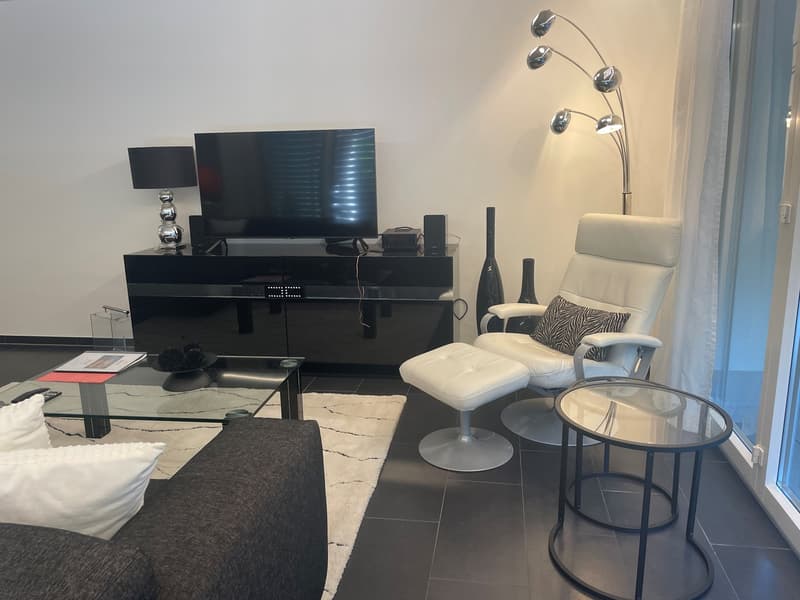 Modern living room with a large TV stand, a comfortable armchair, a glass coffee table, and a floor lamp. The room has a minimalist and contemporary design with neutral colors and clean lines.