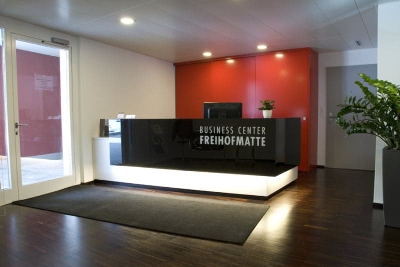 modern design, black reception desk, red wall, glass door, black carpet, potted plant