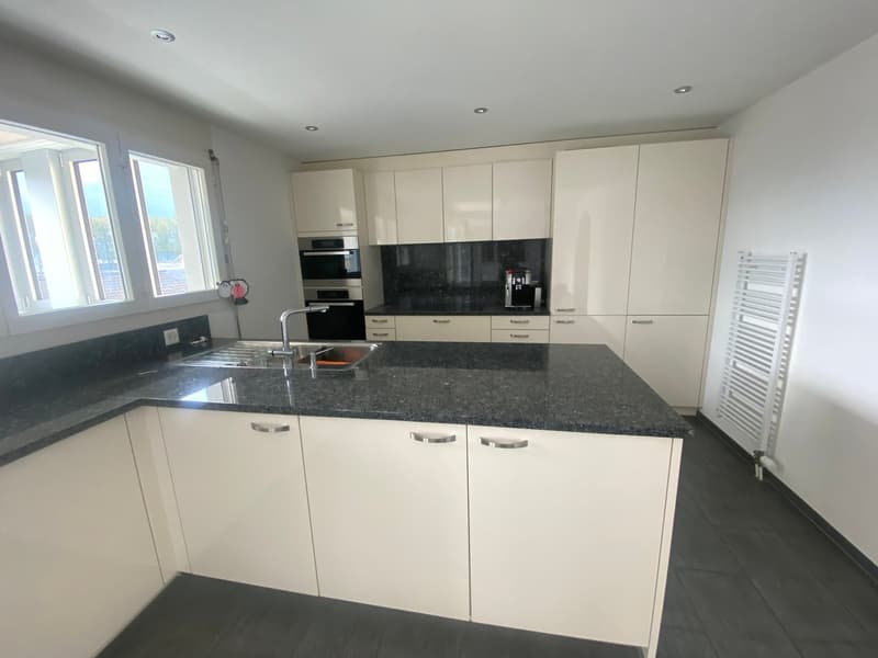 kitchen, modern appliances, granite countertops, white cabinets, stainless steel sink, sink tap, two windows, built-in appliances