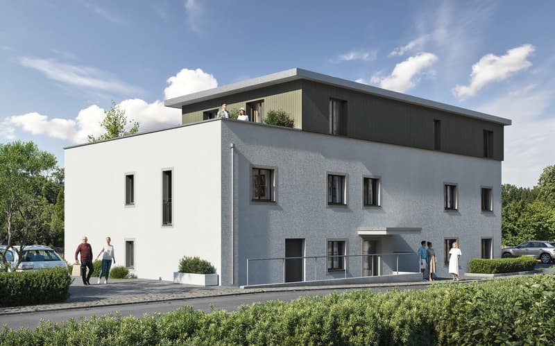 multi-family house, white exterior, gray accents, large windows, rooftop terrace