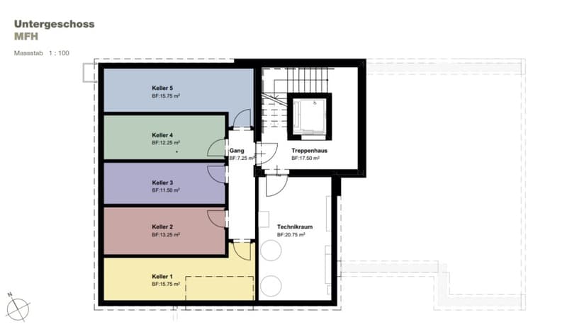 basement floor plan, six Kellers, stairway, technical room