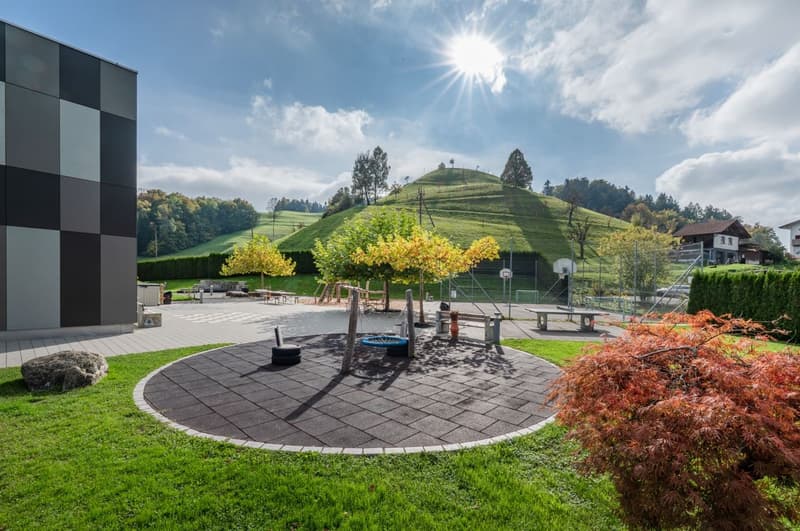 well-maintained garden with a playground, trees, and a view of a hill