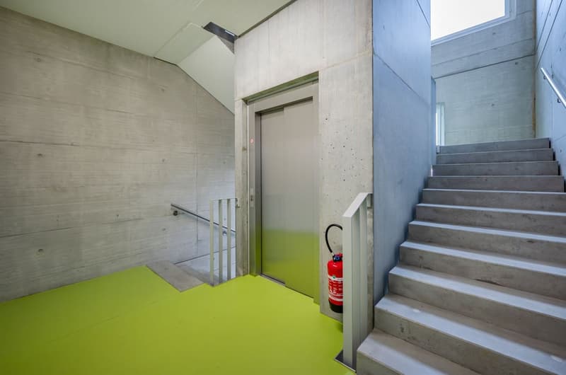 stairs and elevator entrance, yellow floor, concrete walls, fire extinguisher, windows