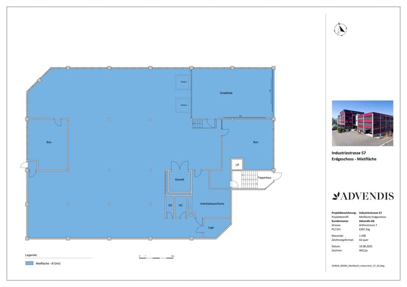Office plan with two separate office rooms, two WC, entrance hall, storage room, pantry/kitchen, stair and lift access to the attic