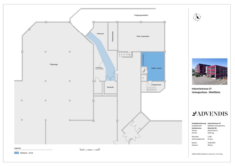 Floor plan of an office space, featuring separate rooms, storage areas, and a parking space.