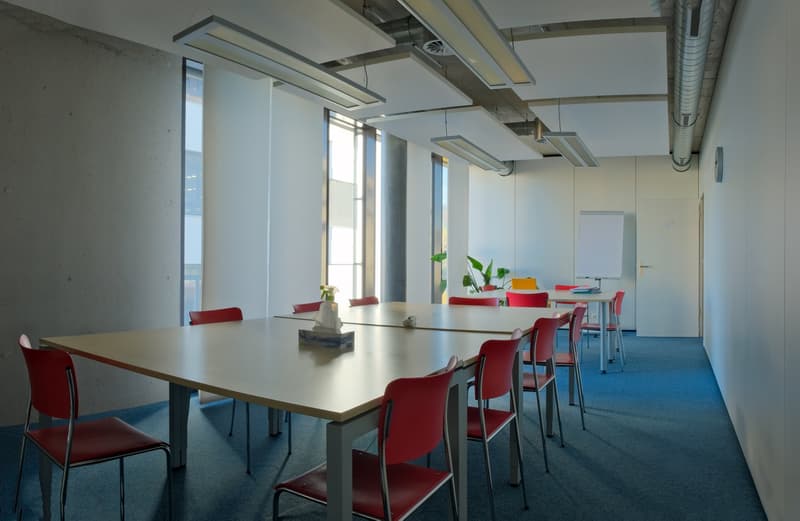 Tables and chairs, white ceiling lamps, whiteboard, windows, plants.