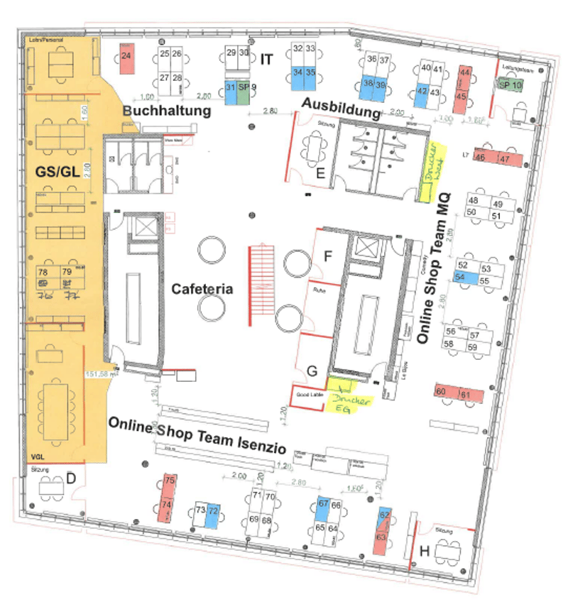 Layout showing various offices, IT, cafeteria, and online shop team meeting spaces