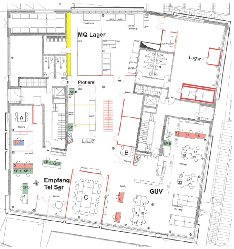 Floor plan showing areas labeled: 'Empfang', 'Tel Ser', 'MQ Lager', 'Lager', 'Plotterei', 'GUV' with storage and office spaces.