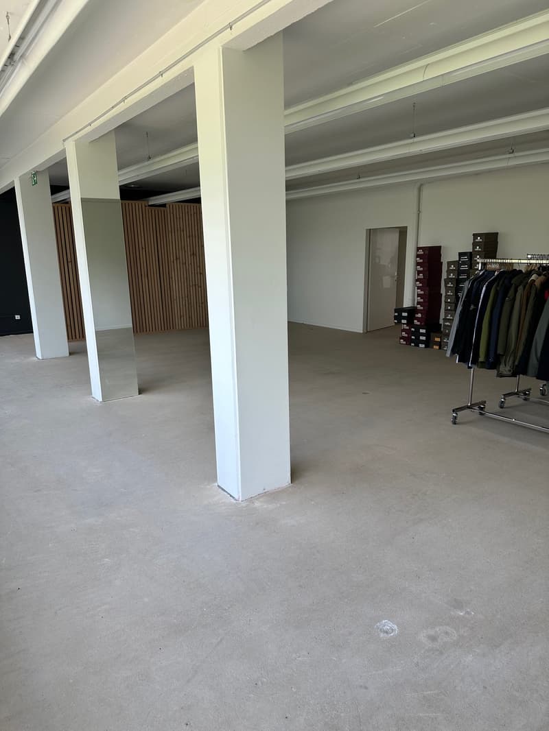 Open room, white ceiling, grey floor, white pillars, wooden partition, wardrobe with clothes, storage boxes