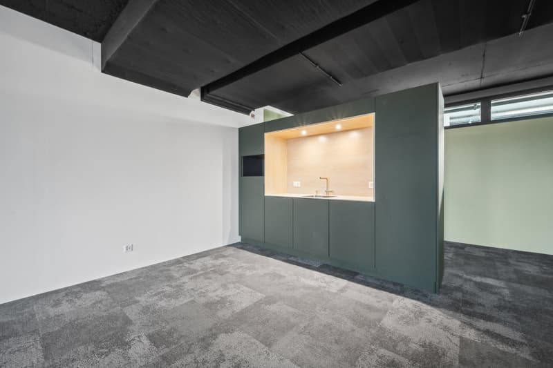 Open-concept studio apartment with concrete floors, dark gray walls, and a built-in kitchenette with a dishwasher. The space has an industrial-style aesthetic with exposed ceiling beams.