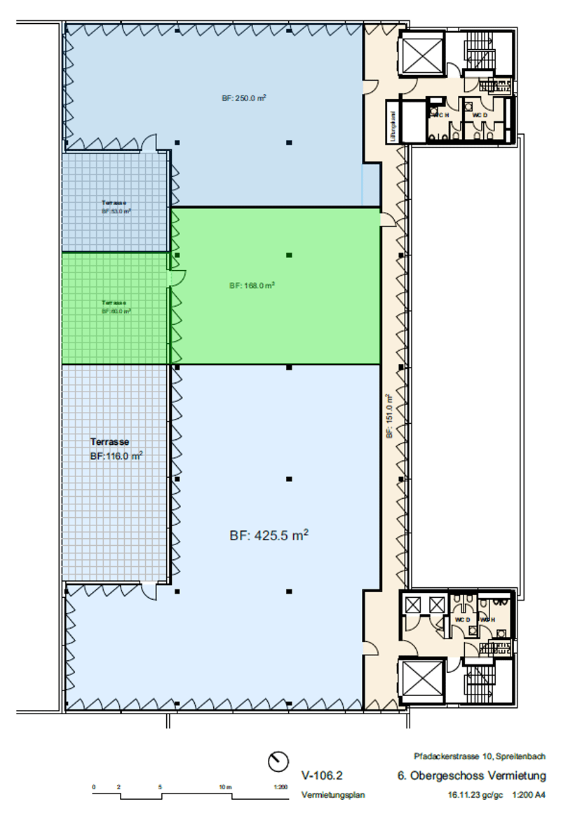 The floor plan shows a large open space with two terraces, one smaller and one larger. There is also a smaller room or area labeled as 'BF 250.0 m2'.