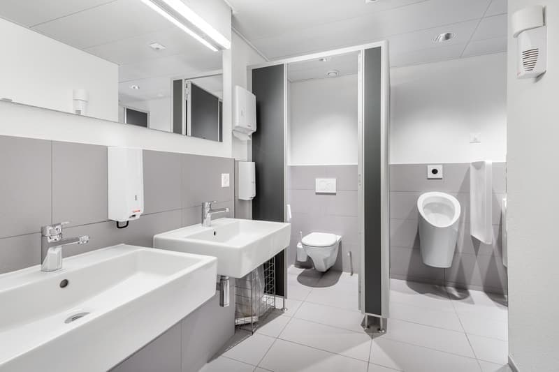 Large, modern bathroom with white tiles, double sink vanity, toilet, and urinal