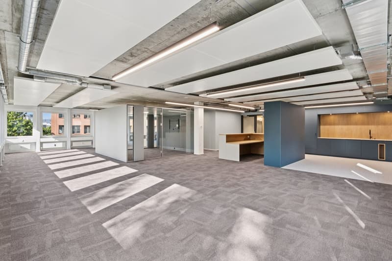 Open space office area, high ceiling, carpeted floor, modern glass walls, ceiling mounted lights, open to daylight from windows