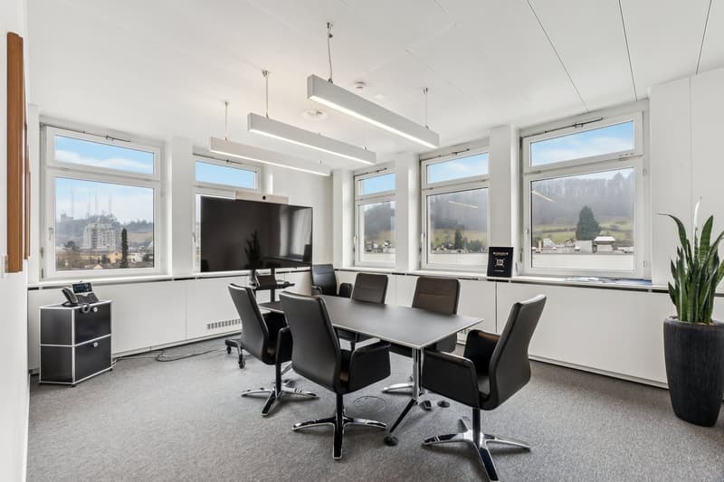 A meeting room with large windows, a flat screen TV mounted on the wall, a conference table, and black swivel chairs. The room has white walls, gray flooring, and a plant in the corner. There is a wooden cabinet with a telephone on it.