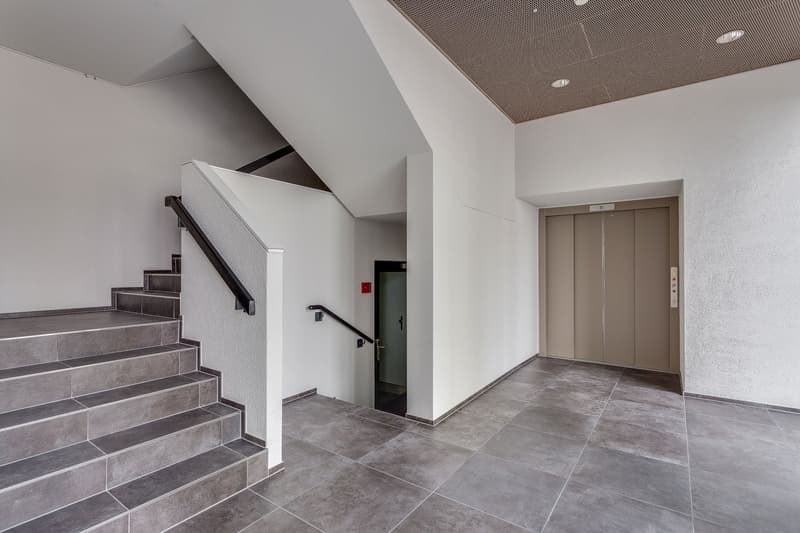 concrete floors, tiled steps, elevator, staircase, white walls, modern style