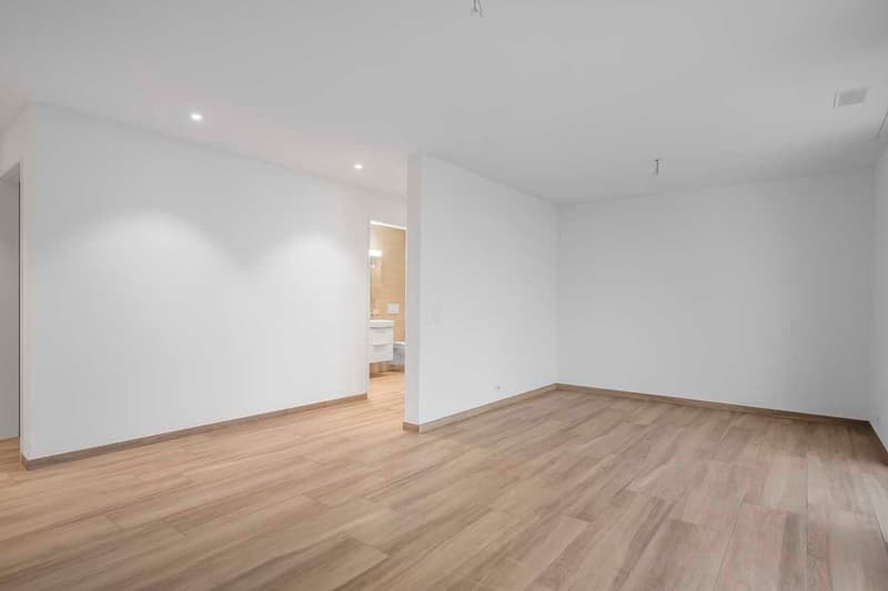 empty room, white walls, wooden flooring, bathroom entrance