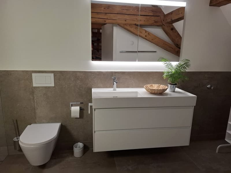 Modern bathroom with white sink, faucet, wooden mirror, ceramic tiled floor, beige walls, a toilet, a basket, a plant in a white vase, and roll paper holder