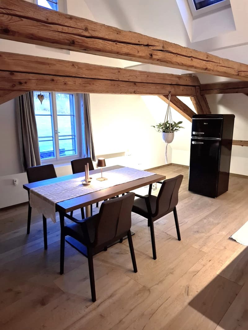 wooden floor, large dining table, wooden chairs, vintage style lamp, refrigerator, plants, large windows, wooden beams