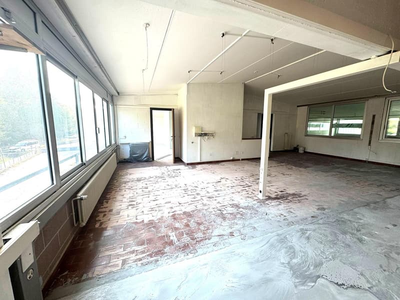 Empty room, brick flooring, white ceiling, large windows, radiators.