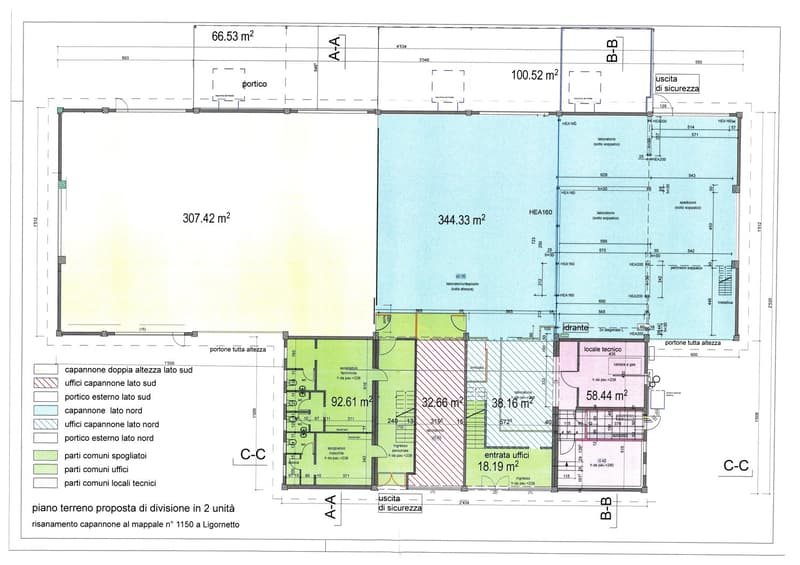 Division plan into 2 units, entrance, shared common parts, various rooms like workshops, offices, and storage