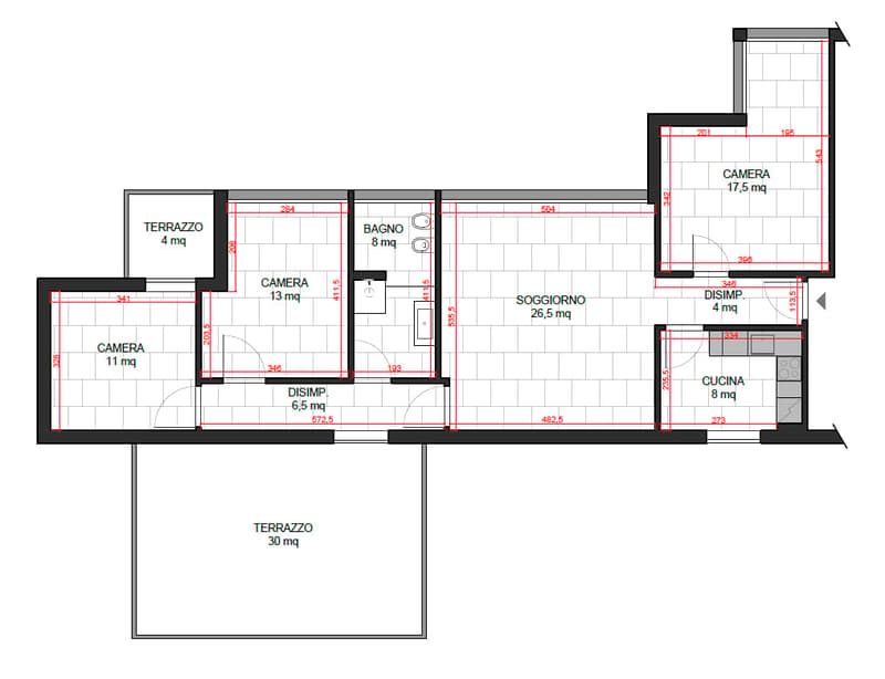 Disimposito, Camera 17,5mq, Camera 13mq, Bagno 8mq, Soggiorono 26,5mq, Cucina 8mq, Terrazzo 4mq, Terrazzo 30mq