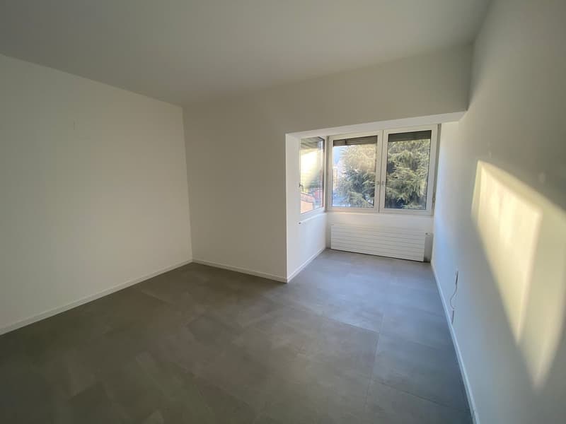 Empty room with white walls, gray floor, windows, and a radiator.