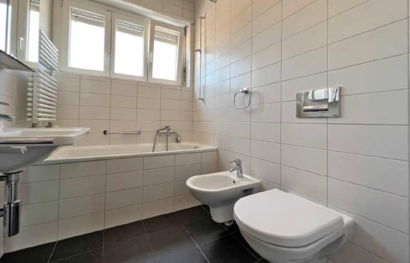 Bathroom with white tiled walls, white bathtub, white sink, white bidet, white toilet, windows