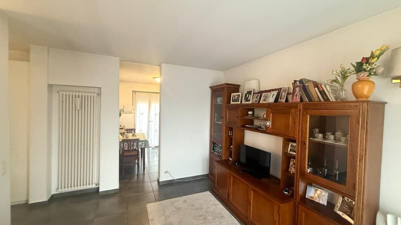 living room with tile floor, wooden cabinet with TV, flowers on top, radiator, door to dining area with table
