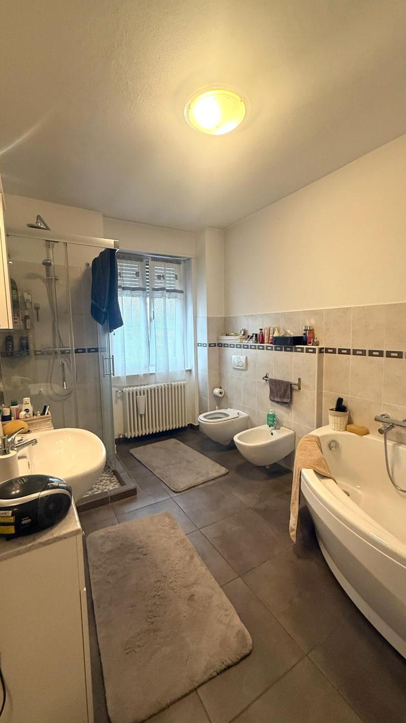 shower area, sink, bathtub, bidet, toilet, towels, toiletries