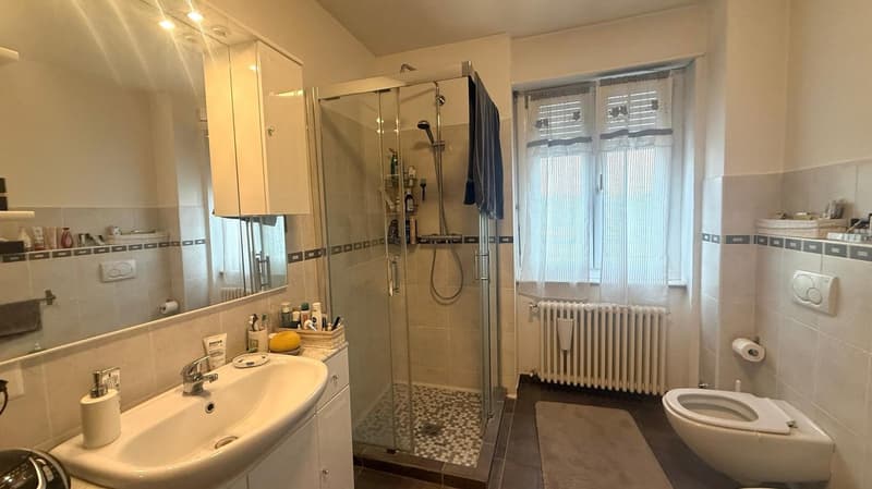bathroom with shower stall, toilet, sink with vanity, mirror, radiator, windows with curtains