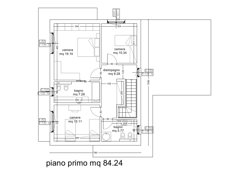 The floor plan shows a 2-bedroom apartment with a living room, kitchen, 2 bathrooms, and a balcony. The rooms are labeled as 'camera' (bedroom), 'disimpegno' (hallway), 'bagno' (bathroom), and 'camera' (bedroom).
