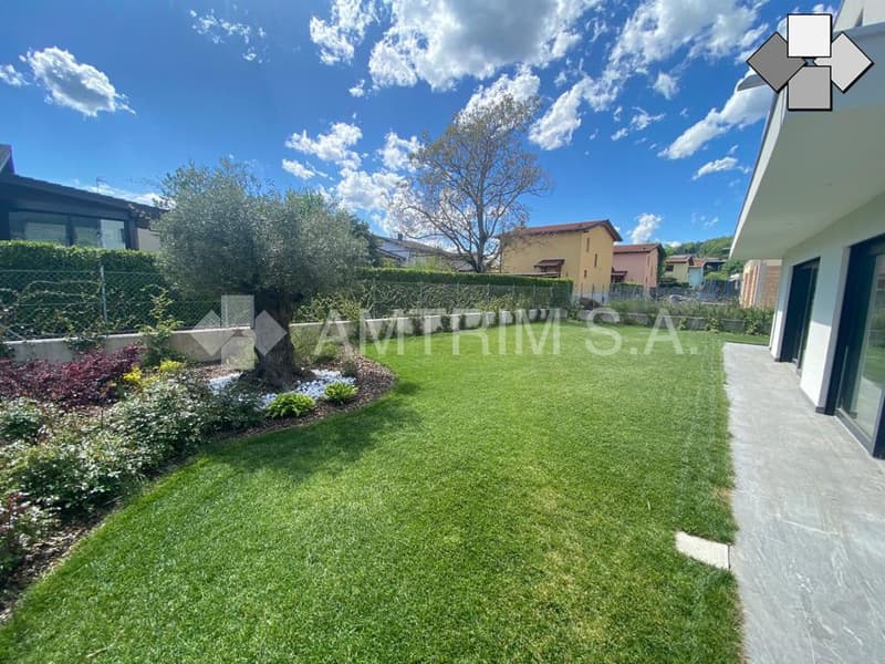 well-maintained garden with green lawn, shrubs, trees, and a paved pathway