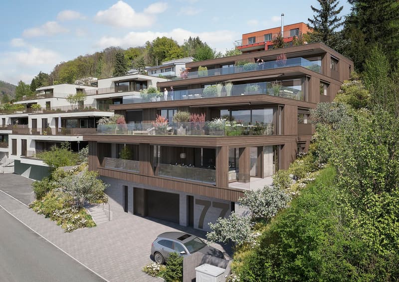Modern multi-story house with balconies, garage, and raised ground floor