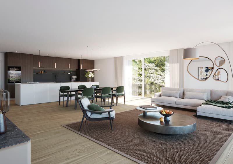 modern living room with wooden floor, white walls, large windows, dining table, couch, coffee table, kitchen with modern appliances