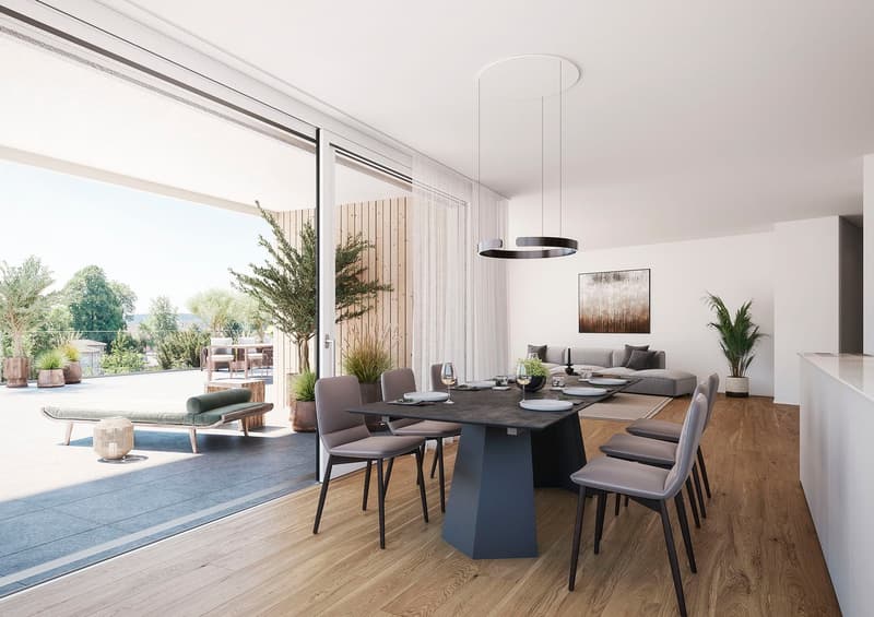 Dining table, chairs, large windows, balcony, plants, modern design