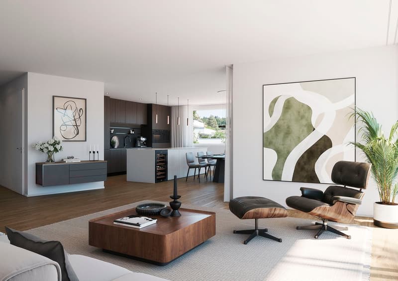 modern living room, white walls, wooden floor, large windows, open kitchen, dining area, modern furniture, artwork, plants