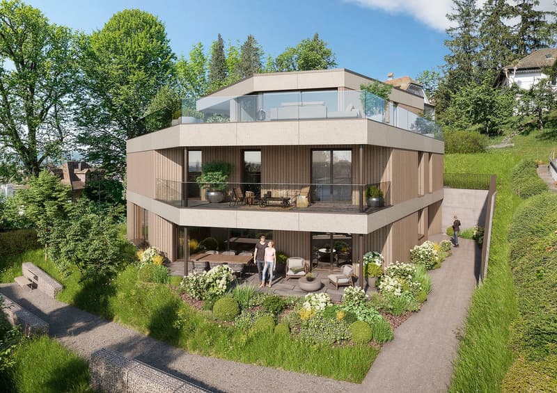 Modern house with 3 floors, glass balconies, garden, patio with table and chairs