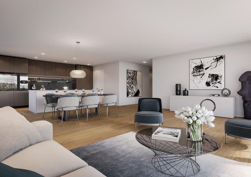 modern living room with wooden floor, white walls, dining table, chairs, couch, coffee table, artwork, kitchen area