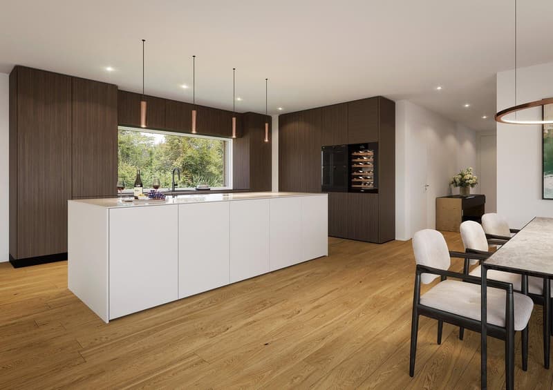 modern kitchen with white island, wooden cabinets, large window, wine cooler, dining table, chairs