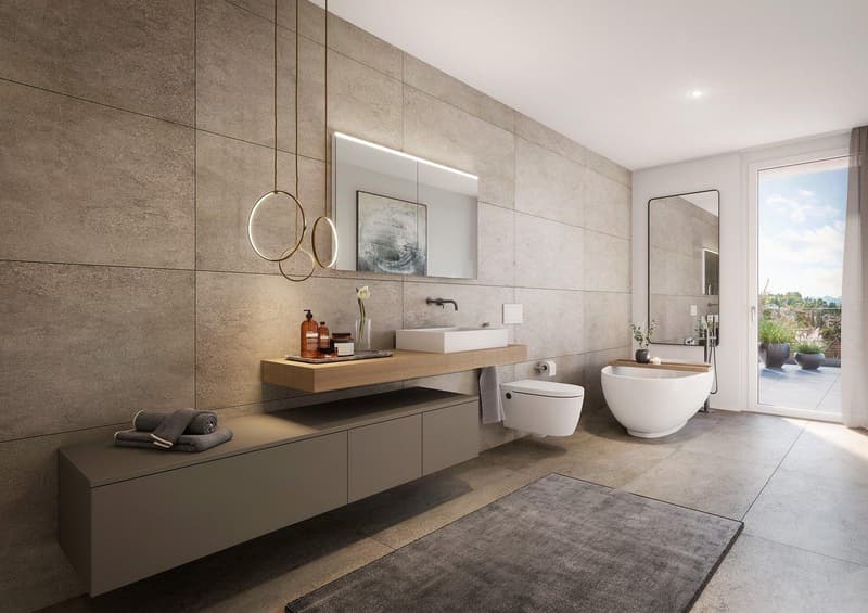 modern bathroom with large mirror, white bathtub, sink, toilet, wooden countertop, built-in cabinets, rug, and a view of the outside