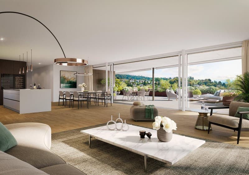 modern living room, large windows, balcony, marble coffee table, white couch, dining table, wine rack
