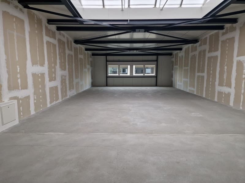 Empty room with concrete floor, unfinished walls, metal beams, windows