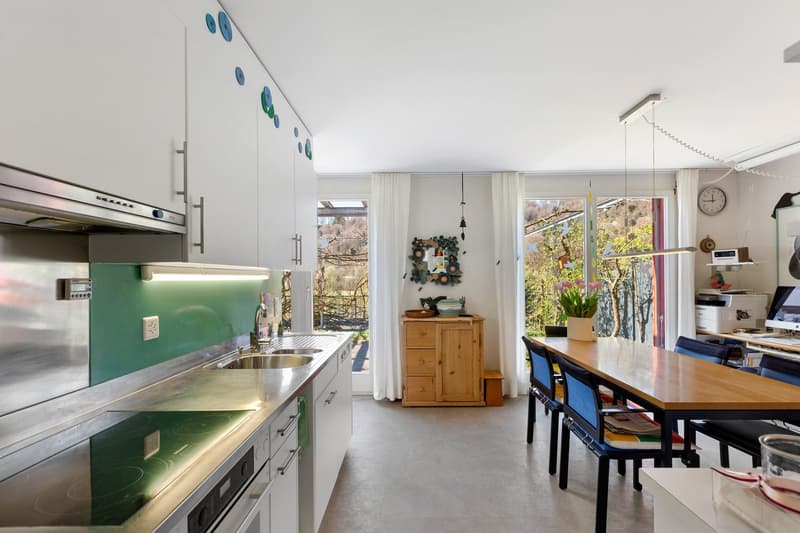 modern kitchen with stainless steel appliances, wooden dining table, white cabinets, white walls, large windows, view of the outside